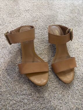 Slide On Tan Ankle-Strap Block Heel Sandals